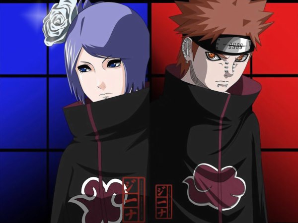 Anime picture 1200x900 with naruto studio pierrot naruto (series) pain (naruto) konan deva path looking at viewer short hair blue eyes blue hair looking away purple hair upper body red hair hair flower orange eyes piercing ear piercing angry akatsuki