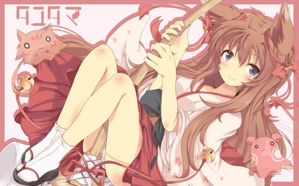 Anime picture 1440x900 with tayutama lump of sugar mito mashiro nejime long hair blue eyes light erotic brown hair wide image animal ears japanese clothes bell sandals tabi