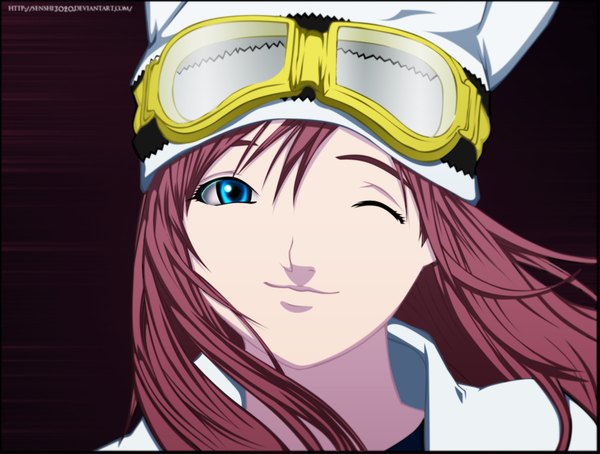Anime picture 1892x1434 with air gear toei animation noyamano ringo senshi3020 single long hair highres blue eyes smile brown hair one eye closed wink coloring portrait face brown background girl cap goggles