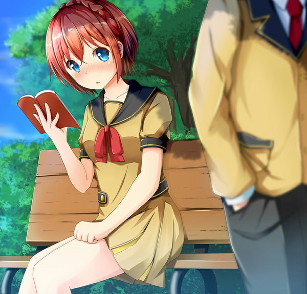 Anime picture 1000x960 with original ok-ray blush short hair blue eyes sitting red hair girl uniform plant (plants) school uniform tree (trees) book (books) bench