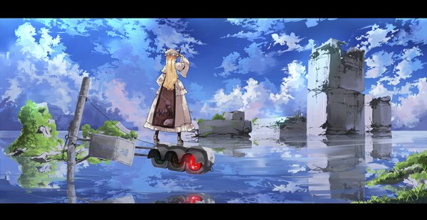 Anime picture 1024x530 with touhou yakumo yukari garnet-3a long hair blonde hair wide image sky cloud (clouds) from behind reflection ruins girl dress water bonnet traffic lights