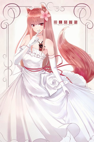 Anime picture 2179x3298 with spice and wolf horo umi okami-kun single long hair tall image looking at viewer blush fringe highres hair between eyes red eyes brown hair standing bare shoulders holding animal ears cleavage tail blunt bangs