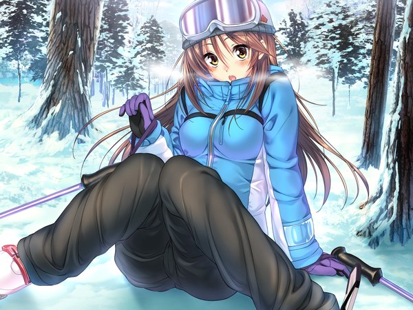Anime picture 2048x1536 with amakano ichinose honami piromizu single long hair looking at viewer blush highres breasts brown hair sitting yellow eyes game cg winter snow exhalation goggles on head falling knees together feet apart cold