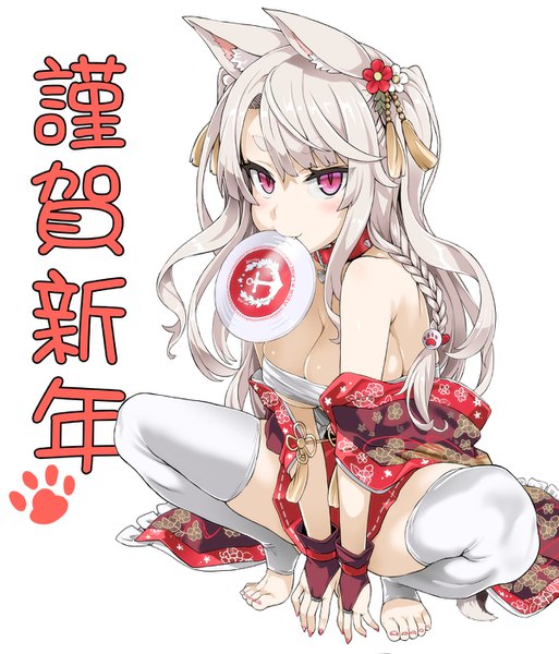 Anime picture 1200x1402 with azur lane yuudachi (azur lane) asanagi single long hair tall image looking at viewer blush fringe breasts light erotic simple background large breasts white background purple eyes holding animal ears silver hair full body braid (braids)