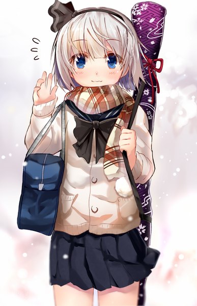 Anime picture 581x900 with touhou konpaku youmu efe single tall image looking at viewer blush fringe short hair blue eyes simple background standing holding silver hair outdoors long sleeves pleated skirt arm up light smile wind