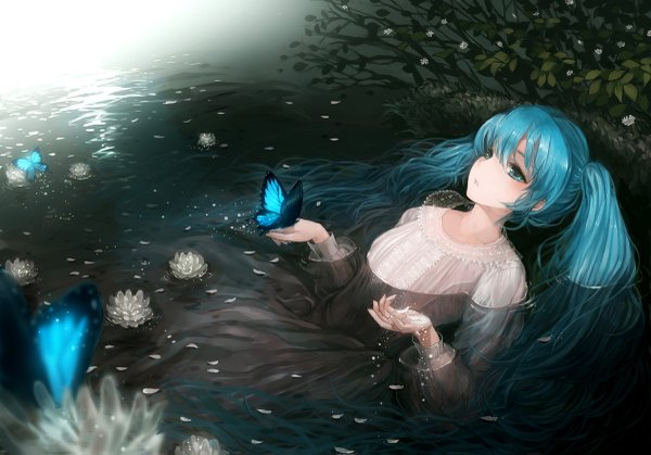 Anime picture 1200x839 with vocaloid hatsune miku suzushiro sayu single long hair twintails aqua hair ophelia's pose girl dress water insect butterfly
