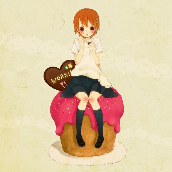 Anime picture 1000x1000 with working!! a-1 pictures inami mahiru mizutamako single blush short hair open mouth simple background brown eyes full body orange hair yellow background girl hair ornament socks food heart sweets hairclip
