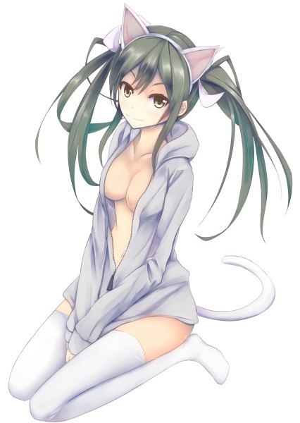 Anime picture 852x1200 with original konkito single long hair tall image looking at viewer breasts light erotic black hair simple background white background twintails brown eyes animal ears tail animal tail cat ears cat girl cat tail girl