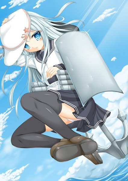 Anime picture 753x1063 with kantai collection hibiki destroyer verniy destroyer izumo-ss-yoshitunedenn single long hair tall image looking at viewer blush blue eyes light erotic sky cloud (clouds) full body white hair pantyshot hammer and sickle girl thighhighs skirt