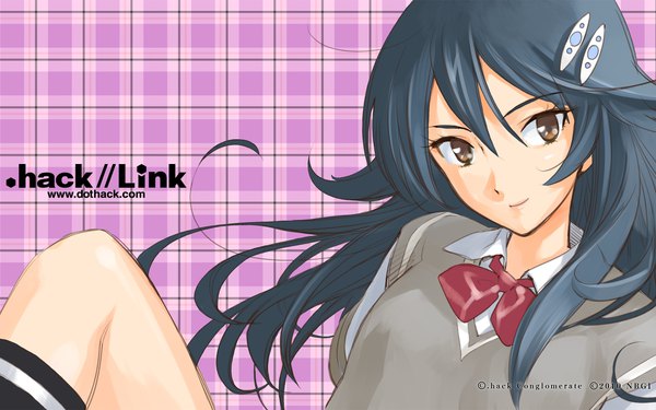 Anime picture 1920x1200 with .hack// .hack//link namco (studio) amagi saika single long hair looking at viewer fringe highres black hair smile hair between eyes brown eyes official art wallpaper copyright name plaid logo plaid background girl