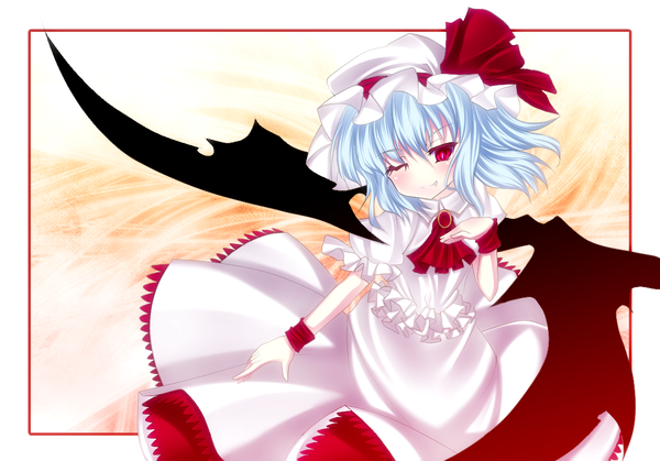 Anime picture 1200x839 with touhou remilia scarlet kiyomin short hair red eyes blue hair one eye closed wink loli framed demon wings girl dress wings headdress