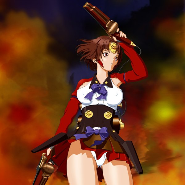 Anime picture 900x900 with koutetsujou no kabaneri wit studio mumei (kabaneri) shiba cyon single short hair light erotic red eyes brown hair looking away girl skirt gloves underwear panties weapon miniskirt fingerless gloves gun white panties