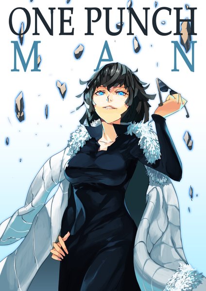Anime picture 1200x1697 with one-punch man madhouse fubuki (one-punch man) laio single tall image looking at viewer highres short hair breasts blue eyes black hair large breasts light smile hand on hip gradient background text girl dress fur