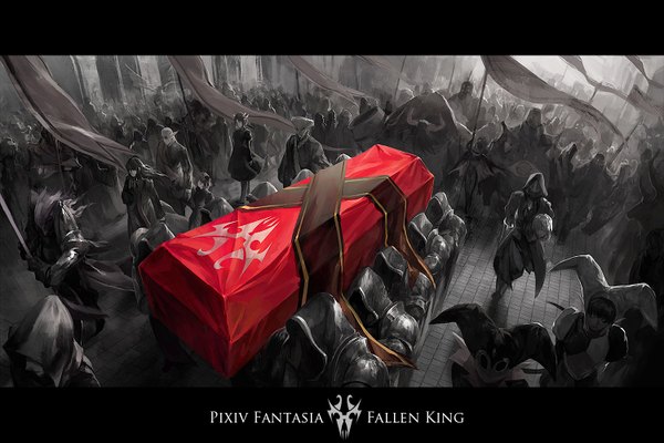 Anime picture 1500x1000 with original pixiv fantasia pixiv fantasia fallen kings kzcjimmy long hair standing holding horn (horns) from above pointy ears monochrome dark background letterboxed group pale skin walking spot color army clown hood