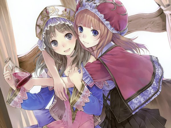 Anime picture 2048x1536 with atelier (series) gust (company) totooria helmold rororina fryxell kishida mel long hair blush highres open mouth blue eyes blonde hair smile brown hair multiple girls game cg grey eyes hug hug from behind girl 2 girls