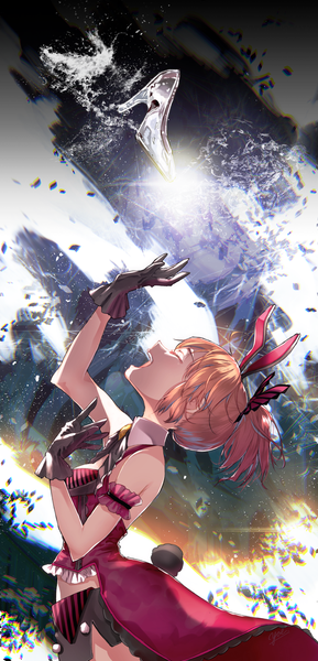 Anime picture 800x1659 with idolmaster idolmaster cinderella girls abe nana yae (mono110) single tall image short hair open mouth blonde hair bare shoulders payot ahoge ponytail eyes closed profile sleeveless anaglyph singing single shoe girl