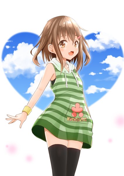 Anime picture 707x1000 with kantai collection ikazuchi destroyer fujishima shinnosuke single tall image looking at viewer blush fringe short hair open mouth smile hair between eyes brown hair white background bare shoulders brown eyes cloud (clouds) fang (fangs) alternate costume outstretched arm