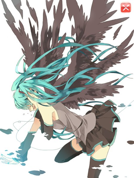 Anime picture 768x1024 with vocaloid hatsune miku no shoushitsu (vocaloid) hatsune miku kotatsu (pixiv 821963) single long hair tall image open mouth simple background white background twintails bare shoulders profile pleated skirt aqua hair tears hair over eyes girl thighhighs skirt