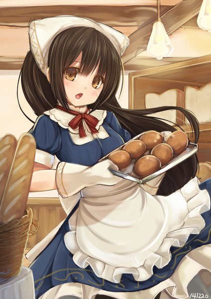 Anime picture 2480x3507 with original pastel-pastel single long hair tall image blush fringe highres open mouth black hair hair between eyes brown eyes girl dress gloves headdress apron lamp bread baguette