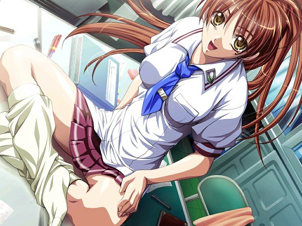 Anime picture 1024x768 with wet and messy 2 (game) brown hair yellow eyes game cg girl serafuku