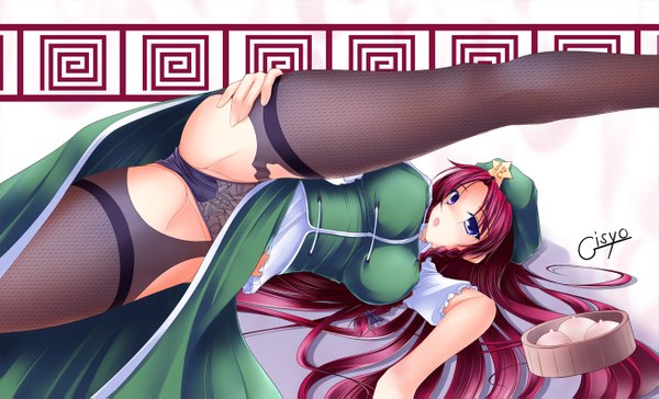Anime picture 1301x791 with touhou hong meiling gisyo single long hair blush breasts open mouth light erotic wide image signed red hair braid (braids) spread legs chinese clothes split kick girl thighhighs skirt