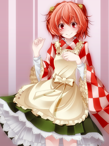 Anime picture 1124x1500 with touhou motoori kosuzu s-syogo single tall image looking at viewer blush short hair smile red eyes red hair two side up girl dress bell