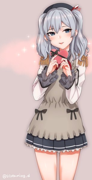 Anime picture 779x1520 with kantai collection kashima training cruiser kyuuso inukami single long hair tall image looking at viewer blush open mouth blue eyes silver hair valentine girl skirt apron gift