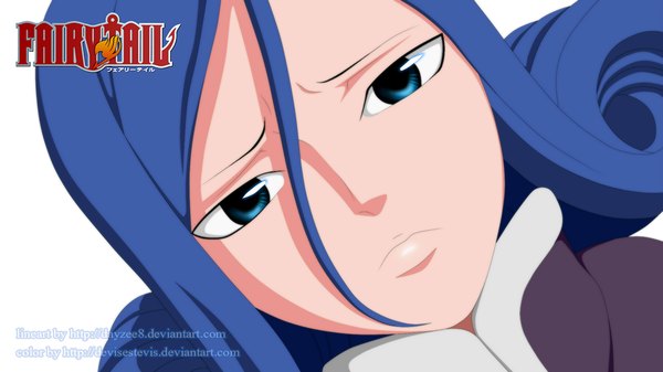 Anime picture 1366x768 with fairy tail juvia lockser devisestevis single long hair blue eyes wide image white background blue hair inscription coloring drill hair close-up face sad girl