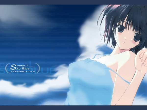Anime picture 1024x768 with suzuhira hiro single looking at viewer short hair breasts black hair cloud (clouds) black eyes letterboxed strap slip girl camisole
