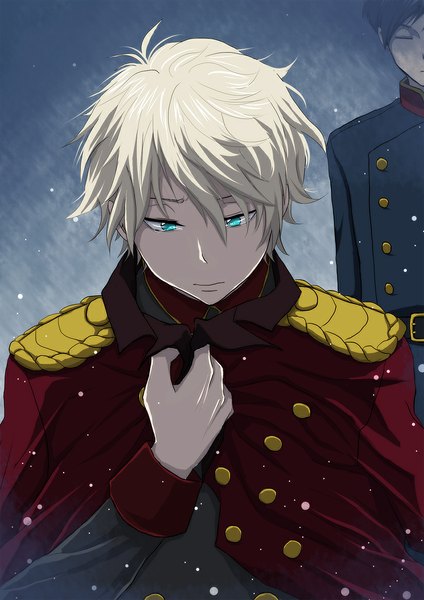 Anime-Bild 826x1168 mit aldnoah.zero a-1 pictures slaine troyard harklight gize777 tall image fringe short hair blue eyes black hair simple background looking away white hair eyes closed multiple boys snowing eyebrows double buttons sad military