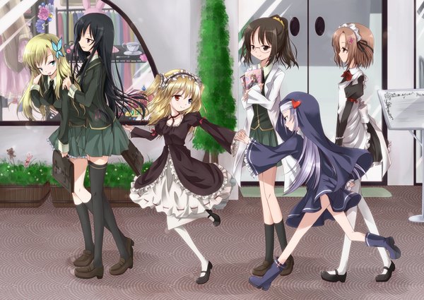 Anime picture 1942x1376 with boku wa tomodachi ga sukunai kashiwazaki sena hasegawa kobato mikazuki yozora takayama maria shiguma rika kusunoki yukimura long hair highres short hair blue eyes black hair blonde hair brown hair multiple girls brown eyes purple hair black eyes maid loli