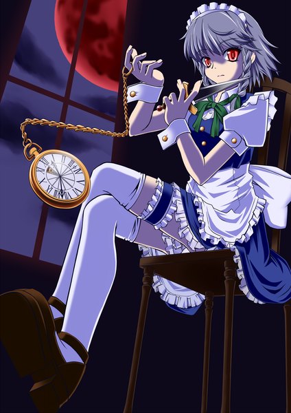 Anime picture 1446x2046 with touhou izayoi sakuya kisaragi18 single tall image short hair red eyes sitting silver hair night maid red moon girl thighhighs weapon white thighhighs headdress maid headdress clock knife