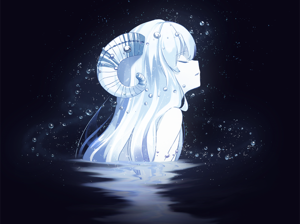 Anime picture 1299x973 with original haruwakame single long hair fringe simple background silver hair eyes closed profile horn (horns) pale skin girl water water drop
