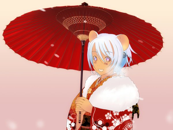 Anime picture 1024x768 with souldeep animal ears traditional clothes japanese clothes new year mouse ears kimono umbrella oriental umbrella fur-trimmed kimono
