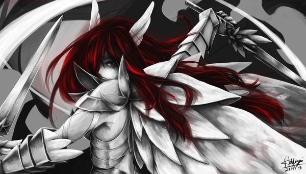 Anime picture 1489x848 with fairy tail erza scarlet addigni single long hair wide image holding red hair looking back black eyes grey background monochrome dual wielding girl weapon sword armor