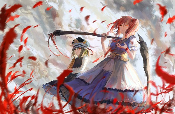 Anime picture 1700x1105 with touhou onozuka komachi shikieiki yamaxanadu sishenfan fringe short hair smile hair between eyes red eyes standing twintails multiple girls holding looking away sky cloud (clouds) red hair long sleeves nail polish fingernails