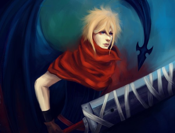 Anime picture 2520x1920 with final fantasy final fantasy vii square enix cloud strife robasarel single highres short hair blue eyes simple background blonde hair boy gloves weapon sword scarf bandage (bandages) huge weapon huge sword