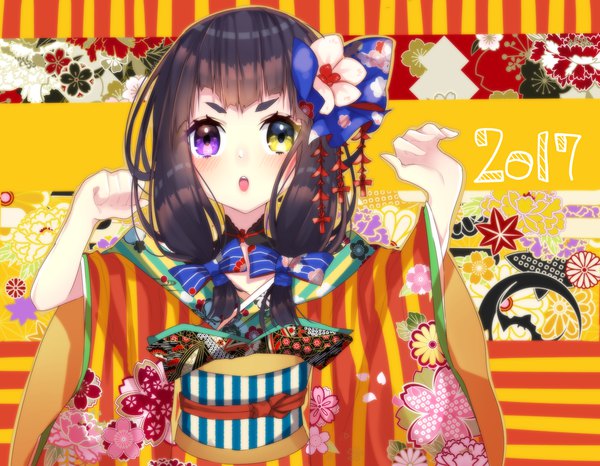 Anime picture 1800x1400 with original motsuni (lxxe1120) single long hair looking at viewer fringe highres open mouth black hair purple eyes twintails yellow eyes traditional clothes japanese clothes hair flower wide sleeves :o heterochromia low twintails floral print