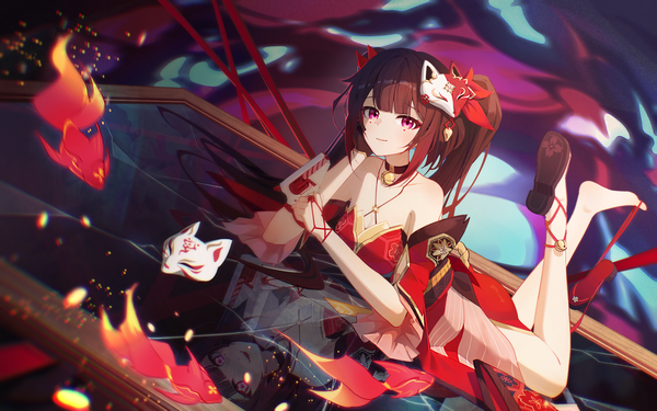 Anime picture 2500x1563 with honkai: star rail honkai (series) sparkle (honkai: star rail) gleam lin shi single long hair looking at viewer fringe highres breasts smile brown hair twintails bare shoulders payot lying blunt bangs pink eyes facial mark reflection