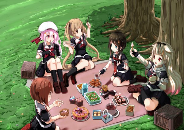 Anime picture 2339x1654 with kantai collection shigure destroyer yuudachi destroyer murasame destroyer harusame destroyer shiratsuyu destroyer wakaura asaho long hair highres short hair open mouth blue eyes black hair blonde hair red eyes brown hair sitting twintails multiple girls brown eyes