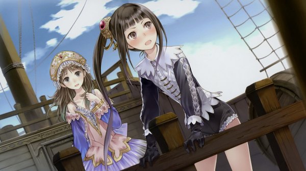 Anime picture 3420x1911 with atelier (series) gust (company) totooria helmold mimi houllier von schwarzlang kishida mel long hair highres open mouth black hair brown hair wide image multiple girls brown eyes absurdres girl 2 girls