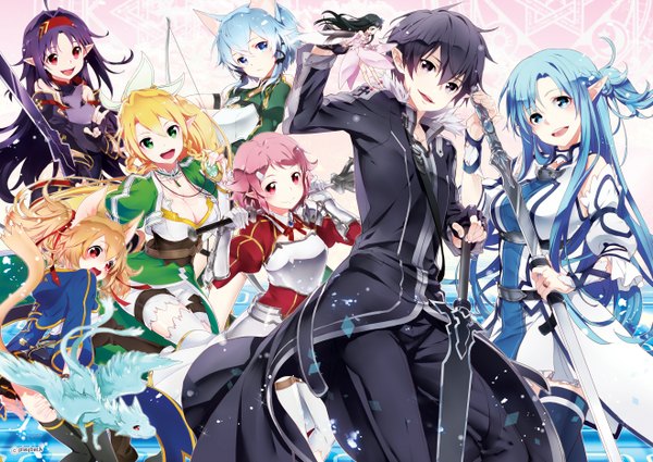 Anime picture 1320x936 with sword art online a-1 pictures yuuki asuna kirigaya kazuto asada shino leafa silica yui (sao) lisbeth yuuki (sao) asuna (sao-alo) pina (sao) playback (artist) long hair looking at viewer fringe short hair breasts open mouth blue eyes