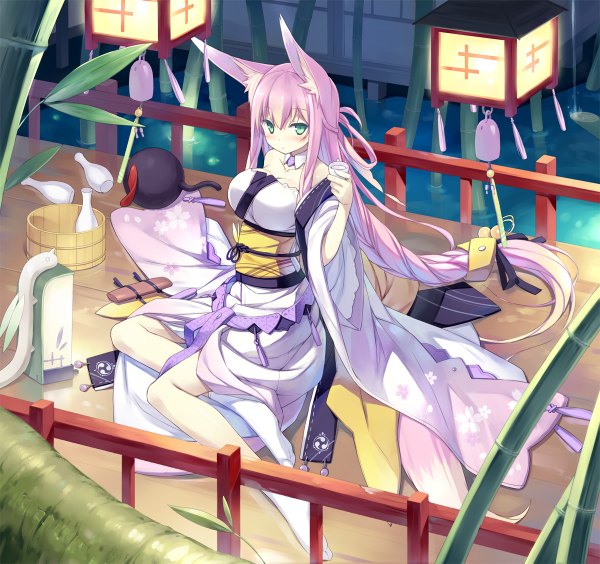 Anime picture 1200x1128 with original momoyama tsutsune poco (asahi age) long hair green eyes animal ears pink hair traditional clothes fox girl girl plant (plants) water bottle alcohol yukata sake bamboo tokkuri choko (cup)