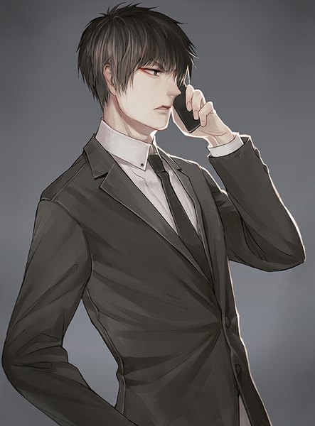 Anime picture 600x812 with hoozuki no reitetsu wit studio hoozuki (hoozuki no reitetsu) joey single tall image short hair black hair simple background profile black eyes grey background alternate costume hand in pocket frown boy necktie suit mobile phone