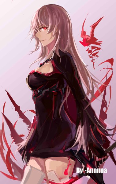 Anime picture 3507x5550 with dungeon and fighter annnna single long hair tall image looking at viewer fringe highres breasts smile red eyes standing absurdres profile pink background girl thighhighs dress gloves weapon