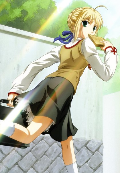 Anime picture 1748x2500 with fate (series) fate/stay night studio deen type-moon artoria pendragon (all) saber tall image highres blonde hair green eyes ahoge mouth hold running girl skirt uniform school uniform socks white socks school bag