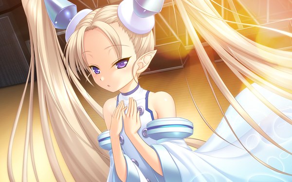 Anime picture 1920x1200 with chu x chu idol akifumi ozawa long hair highres blonde hair wide image purple eyes twintails game cg white hair pointy ears loli girl