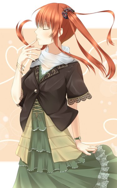 Anime picture 1588x2542 with original karube karu single long hair tall image blush red hair eyes closed finger to mouth girl dress bracelet clock neckerchief pocket watch