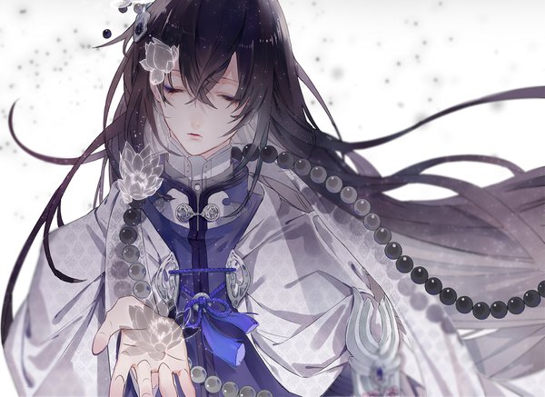 Anime picture 1500x1094 with touken ranbu nitroplus juzumaru tsunetsugu xiayu93 single long hair fringe black hair hair between eyes eyes closed traditional clothes japanese clothes lips outstretched arm eyeshadow boy flower (flowers) beads haori water lily