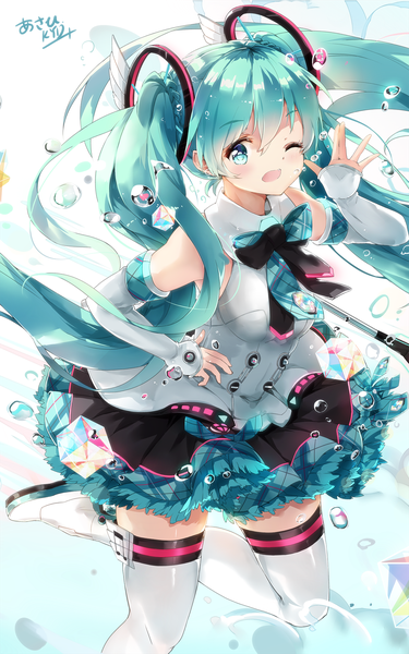 Anime picture 1274x2039 with vocaloid magical mirai (vocaloid) hatsune miku magical mirai miku magical mirai miku (2017) asahi kuroi single tall image looking at viewer blush fringe highres open mouth hair between eyes twintails bare shoulders signed very long hair one eye closed arm up